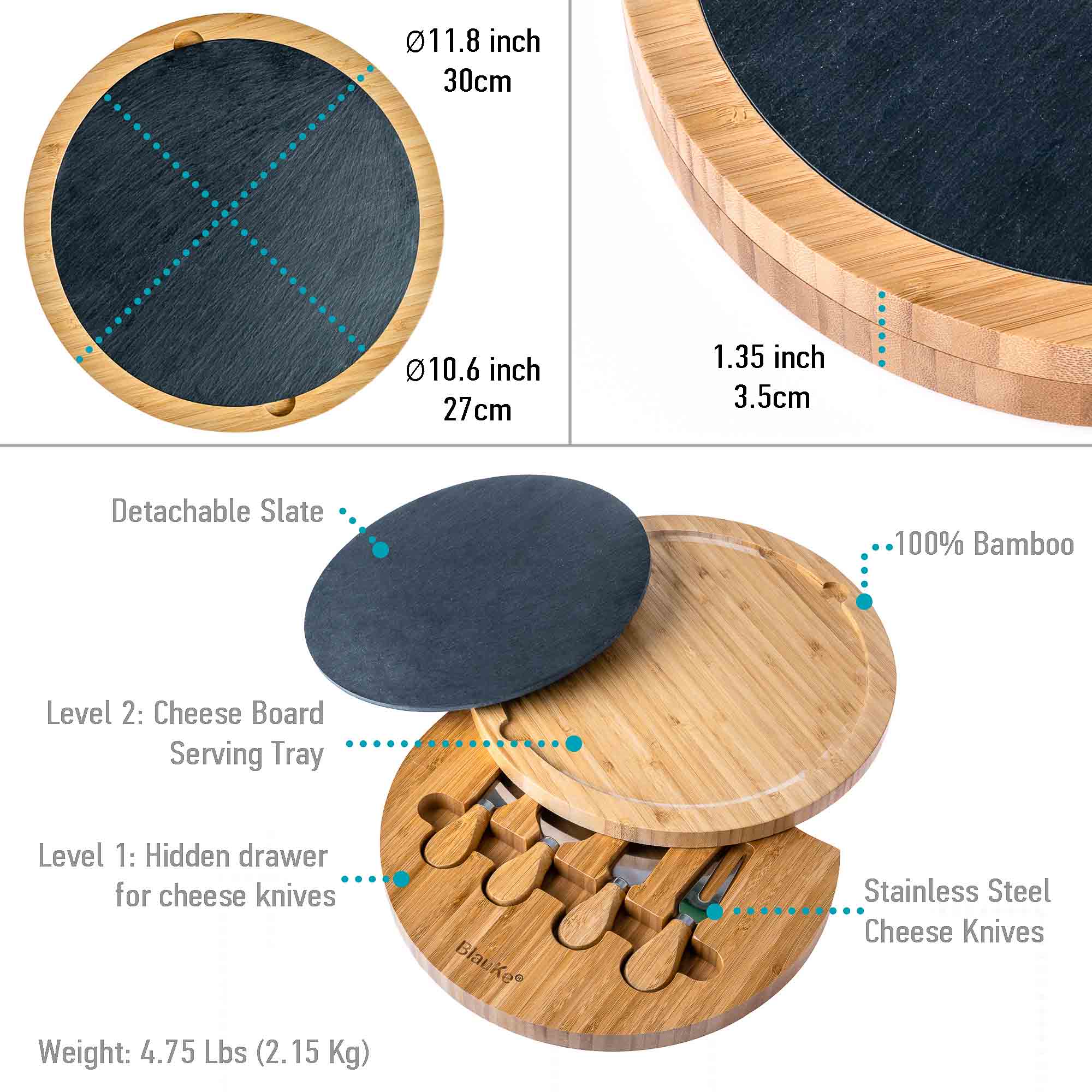 Bamboo Charm Cheese Board &amp; Knife Set,12