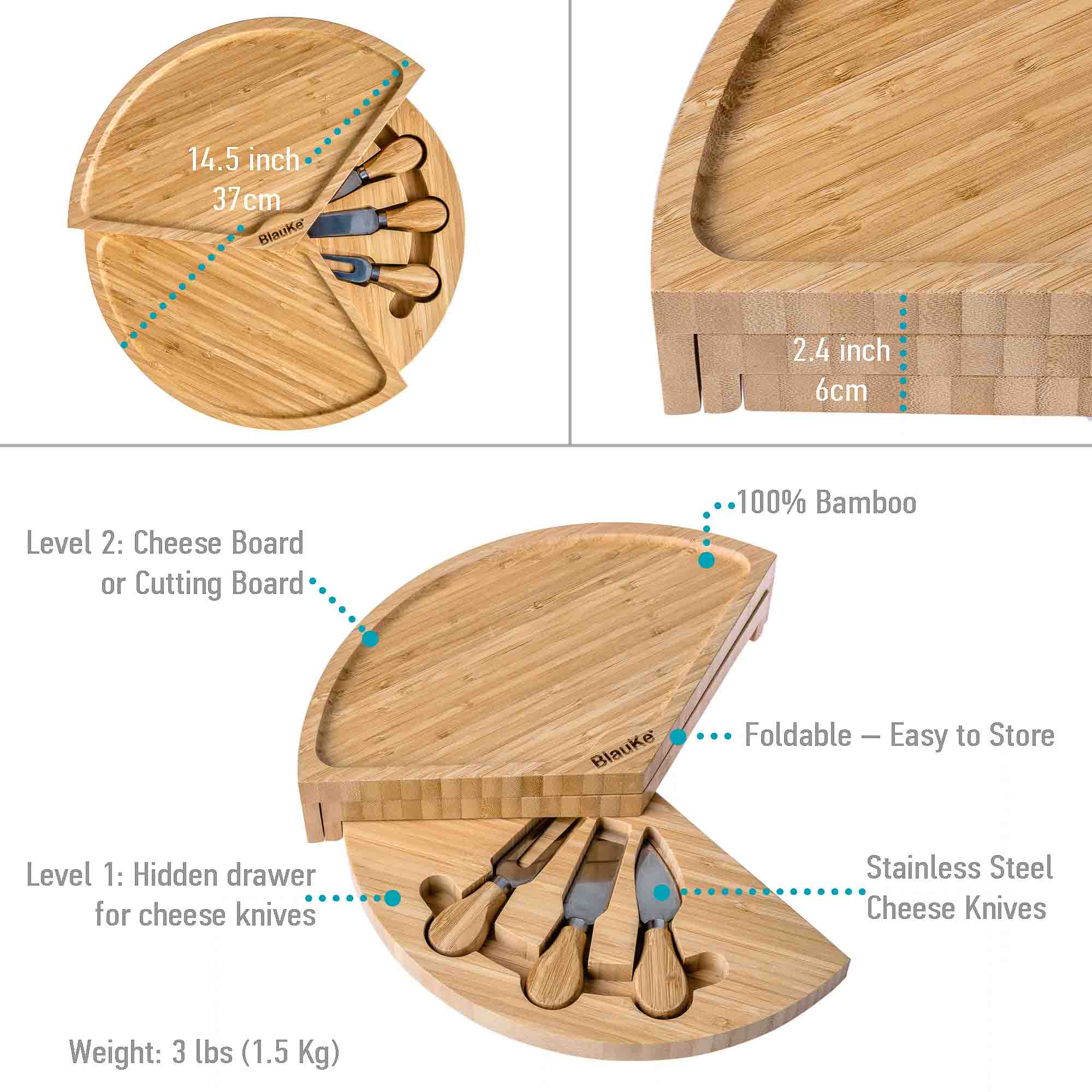 SavorBoard Luxe Bamboo Cheese Set 14" Swivel Design