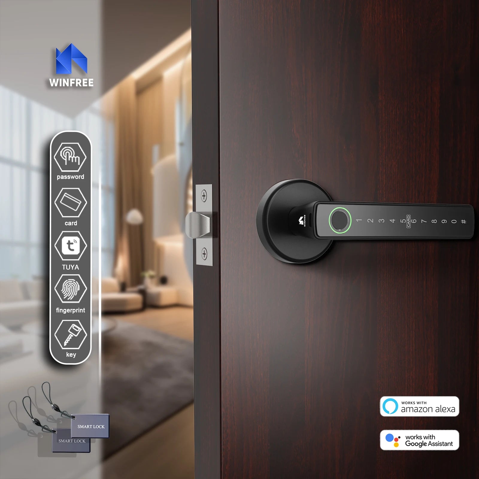 WINFREE Smart Fingerprint Lock Tuya Bluetooth Passcode Card Wooden