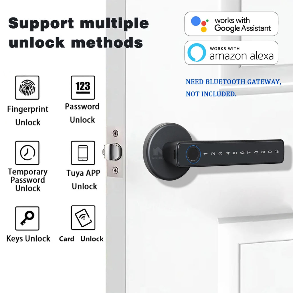 WINFREE Smart Fingerprint Lock Tuya Bluetooth Passcode Card Wooden