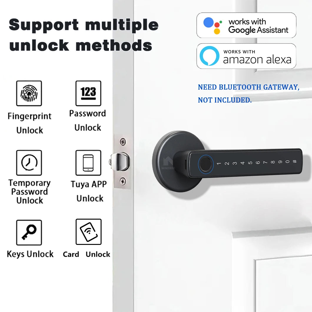 WINFREE Smart Fingerprint Lock Tuya Bluetooth Passcode Card Wooden