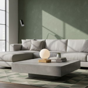 A soft, glowing, levitating spherical lamp with a wooden base sitting on a large, square concrete coffee table in a modern living room. The room features a light grey sectional sofa, an olive green accent wall, and geometric sunlight patterns.