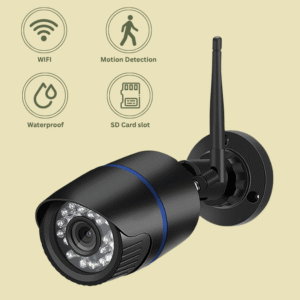 A black, bullet-style outdoor security camera with a blue ring accent, an antenna, and visible infrared LED lights around the lens. The image features four icon-based features: Wi-Fi, Motion Detection, Waterproof, and SD Card slot.