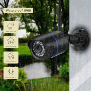 A close-up of a black, outdoor bullet-style security camera with a blue ring and an antenna, mounted on a white wall in a rainy, green outdoor setting. Feature icons highlight its resistance to Weatherproof, Anti Lightning, Cold resistance, and Heat resistance, with a banner stating 'Waterproof: IP66'