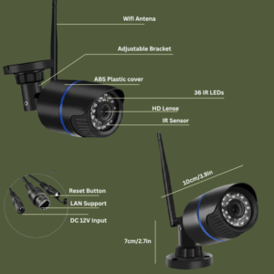 A technical diagram of a black, bullet-style Wi-Fi security camera with blue accenting. Labels point to its features: Wi-Fi Antenna, Adjustable Bracket, ABS Plastic cover, HD Lense, 36 IR LEDs, IR Sensor, Reset Button, LAN Support, and DC 12V Input. The dimensions are shown as 10 cm or 3.9 inches in height and 7 cm or 2.7 inches in width.