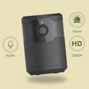 A compact, black, cylindrical indoor security camera featuring a central lens, surrounded by icons highlighting its capabilities: Audio (microphone icon), Alarm (siren icon), and HD 1080P (HD text and resolution).