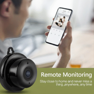 A multi-panel security camera graphic. Panels show a thief breaking in, the camera with red IR lights active, a smartphone displaying a 'Motion detected' notification, and a close-up of a masked person with a magnifying glass