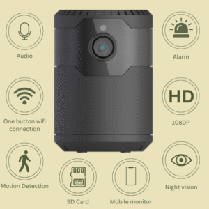 Black compact security camera showing key features: Audio, Alarm, One-button Wi-Fi connection, 1080P HD resolution, Motion Detection, SD Card support, Mobile monitor access, and Night vision.