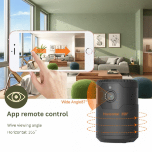 Security camera feature image showing App remote control via a smartphone, demonstrating a horizontal 355° rotation pan and an 87° wide viewing angle for full room coverage.