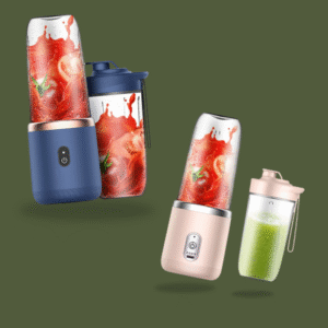 Image featuring two portable blenders side-by-side on an olive green background: one in dark blue with a red/tomato smoothie, and one in rose pink with a green smoothie, highlighting the available color choices.