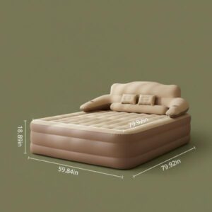 The tan inflatable bed with its headboard and armrests is shown with clear white dimension lines overlaid. The dimensions displayed are 18.89 inches for height, 59.84 inches for width, and 79.92 inches for length. The background is a solid, slightly darker olive green color.