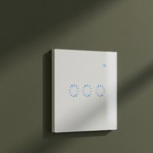 A close-up of a white smart light switch installed flush with a dark olive green wall. Soft shadows fall across the wall, adding depth and a sophisticated feel. The switch has three circular blue illuminated touch controls and a blue Wi-Fi symbol at the top right corner.