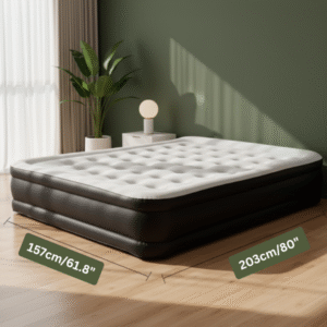 A large black and white inflatable mattress is displayed on a light wooden floor in a modern room. The background features a dark olive green accent wall, white side tables with round lamps, a potted plant, and sheer white curtains over a large window. Measurement lines are overlaid on the image, indicating the length as 203cm/80" and the width as 157cm/61.8".