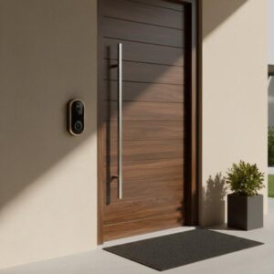 The golden-framed smart video doorbell is installed on a light beige textured wall next to a modern, dark wooden entry door with a vertical stainless steel handle. A potted green plant sits in a black planter beside the door, establishing a stylish home exterior scene.
