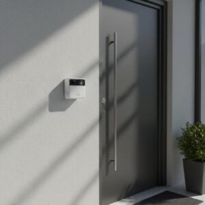 The smart video doorbell is installed on a light grey textured wall next to a sleek, modern dark grey entrance door with a long stainless steel handle. Sunlight casts sharp, diagonal shadows across the scene, highlighting the exterior installation of the device.