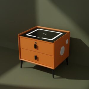 An orange smart bedside table with two drawers, black legs, and a black glass top with a lighted wireless charging pad, is aesthetically positioned in front of a dark olive green wall. The side panel shows a white speaker grill, and soft shadows are cast across the background.