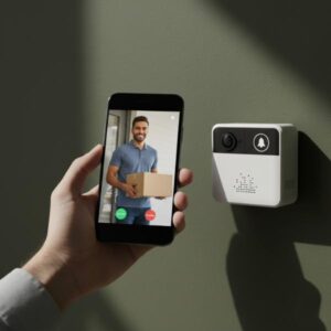 A hand holds a smartphone next to the smart video doorbell device. The phone screen displays a live video feed of a delivery man in a cap holding a package, illustrating the remote viewing and communication feature. The background is a dark olive green wall with subtle shadows.