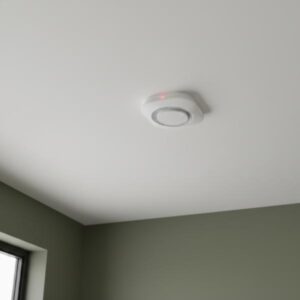 A close-up view of the white smoke detector installed centrally on a white ceiling. The walls in the room are painted a soft olive green, demonstrating the product's discreet and functional appearance in a typical residential setting.