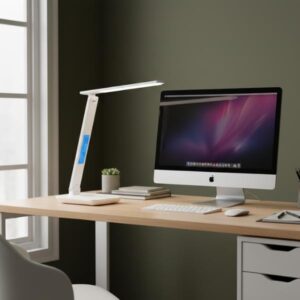 A white LED desk lamp is placed on a wooden working table next to an Apple iMac computer monitor. The lamp's light bar is illuminated, contributing to the workspace lighting. The background features a dark wall and a window, showcasing the lamp in a functional office setting.