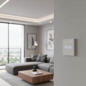 A smart light switch seamlessly integrated into a light grey wall in a modern living room. The background shows a contemporary interior with a grey sectional sofa, a wooden coffee table, and large windows offering a city view. The switch features three blue illuminated touch controls and a Wi-Fi indicator, blending functionality with a sleek aesthetic.