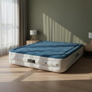 A blue and white inflatable mattress is placed on a light wooden floor in a modern room with an olive green accent wall. Sunlight streams in from a window on the left, casting a geometric shadow pattern across the wall and floor. A small side table with a lamp is visible next to the mattress.