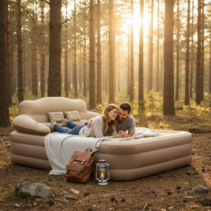 A happy couple is shown lying down and relaxing on the tan inflatable mattress with a built-in headboard and armrests, set outdoors in a sunlit forest. They are leaning against the headboard, with a backpack visible next to the bed, demonstrating its use for comfortable camping or outdoor relaxation.