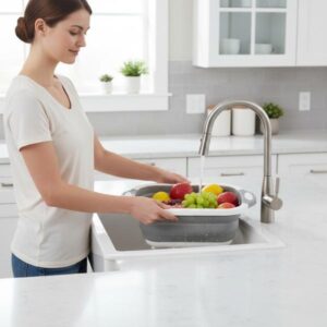 A woman in a white t-shirt is washing an assortment of fruits (apples, lemons, and oranges) in the collapsible basin product, which is placed inside a stainless steel kitchen sink. The background features a clean, bright, modern kitchen with white cabinetry and a white countertop, demonstrating the product's use in a contemporary home setting.
