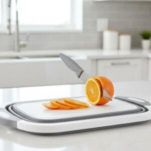 A close-up shot of the white and grey cutting board product placed on a light kitchen countertop. A knife is shown slicing an orange, with several orange slices already cut. The background is a bright, modern kitchen interior, emphasizing the product's functionality for food preparation.