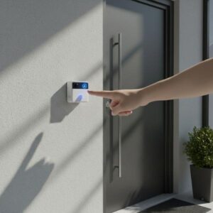 A close-up shot showing a hand reaching out to press the illuminated bell icon button on the smart doorbell, which is installed on a light grey textured wall next to a modern dark grey door. Sunlight casts strong, geometric shadows across the wall and door.