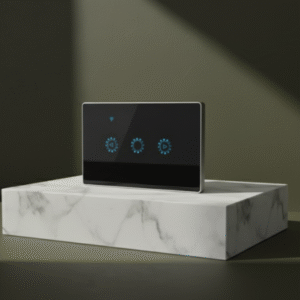 A close-up, angled shot of a black, rectangular smart light switch with three illuminated blue touch icons, resting on a white marble pedestal block.