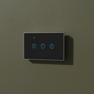 A black, rectangular smart light switch with three illuminated blue touch icons, mounted on a solid, dark olive green or khaki wall.