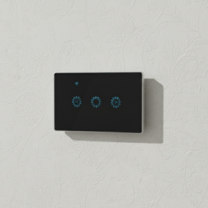 A black, rectangular smart light switch with three illuminated blue touch icons, mounted on a textured, light beige or white wall.