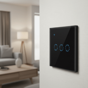 A black smart light switch mounted on a white wall, shown at a slight angle with a blurred background of a modern living room setup.