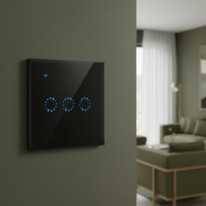 A black smart light switch mounted on an olive green wall, shown at an angle in a blurred background of a modern living room.