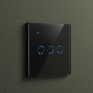 A black smart light switch with three illuminated blue icons, mounted directly on a flat, dark olive green wall.