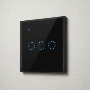 A black smart light switch with three blue touch icons, mounted on a subtly textured white wall, shown at a slight angle.