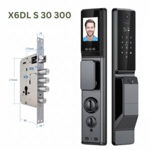 Smart door lock assembly with the lock body displaying 30mm x 300mm multi-bolt dimensions, showing the exterior and interior units side-by-side.