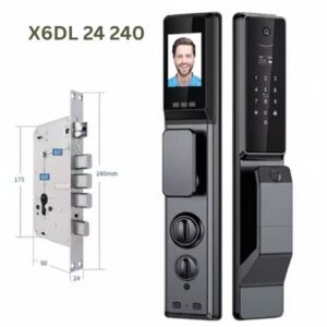 Smart door lock assembly with the lock body displaying 24mm x 240mm dimensions, showing the exterior and interior units side-by-side.