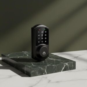 A black smart deadbolt lock with a touchscreen keypad aesthetically positioned on a green marble block with white veins, set against a dark olive green background with soft shadows.
