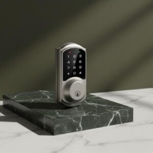 A silver smart deadbolt lock with a touchscreen keypad aesthetically positioned on a green marble block with white veins, set against a dark olive green background with soft shadows.