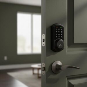 A close-up of a black smart deadbolt lock with a touchscreen keypad installed on a dark olive green door, opening into a modern house interior with an olive green color theme and natural lighting.