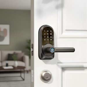 Black smart door lock installed on an olive green interior door, with a bright, updated house interior visible through the doorway.