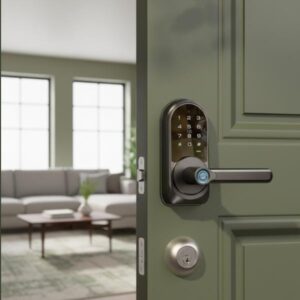 Black smart door lock installed on an olive green interior door, with an olive green themed living room visible in the blurred background