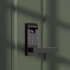 Close-up of a black/dark bronze smart door lock with a handle, fingerprint sensor, and keypad, installed on an olive green closed door.