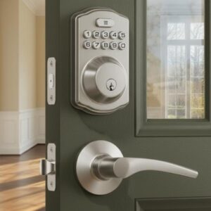 Front view of the silver smart lock with a keypad and lever handle installed on an olive green wooden door, with a blurred interior room visible through the open edge.