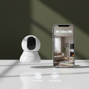The white dome camera is levitating next to a smartphone displaying a 4K live feed of a modern living room interior. Icons below the phone indicate features like "AI detection" and "2-Way Audio".