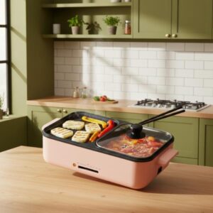 The pink dual-zone cooker is on a wooden counter in an olive green kitchen, cooking stir-fry vegetables and some liquid in the two zones, shown at an angle.