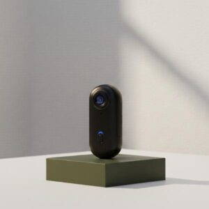 A black, cylindrical action camera is standing upright on a matte olive green rectangular block. The background is a plain white wall with a soft diagonal shadow cast over it.