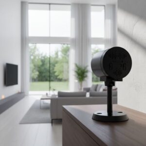 Back view of the black mini camera, showing its speaker/vent holes, sitting on a modern wooden shelf with a blurred, bright living room interior visible in the background