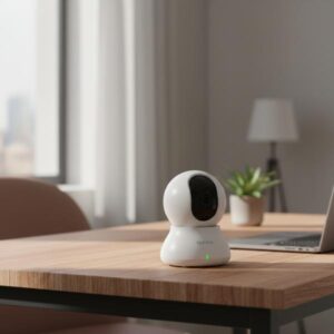 The white dome-shaped security camera is sitting on a wooden desk next to a laptop in a brightly lit, modern home office setting, showing casual everyday use.